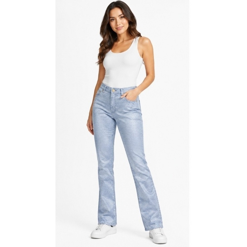PLATINI JEANS COUGAR  ALL OVER LOGO Print Satin Flare Pants Sz 27  Nwt Blue T60